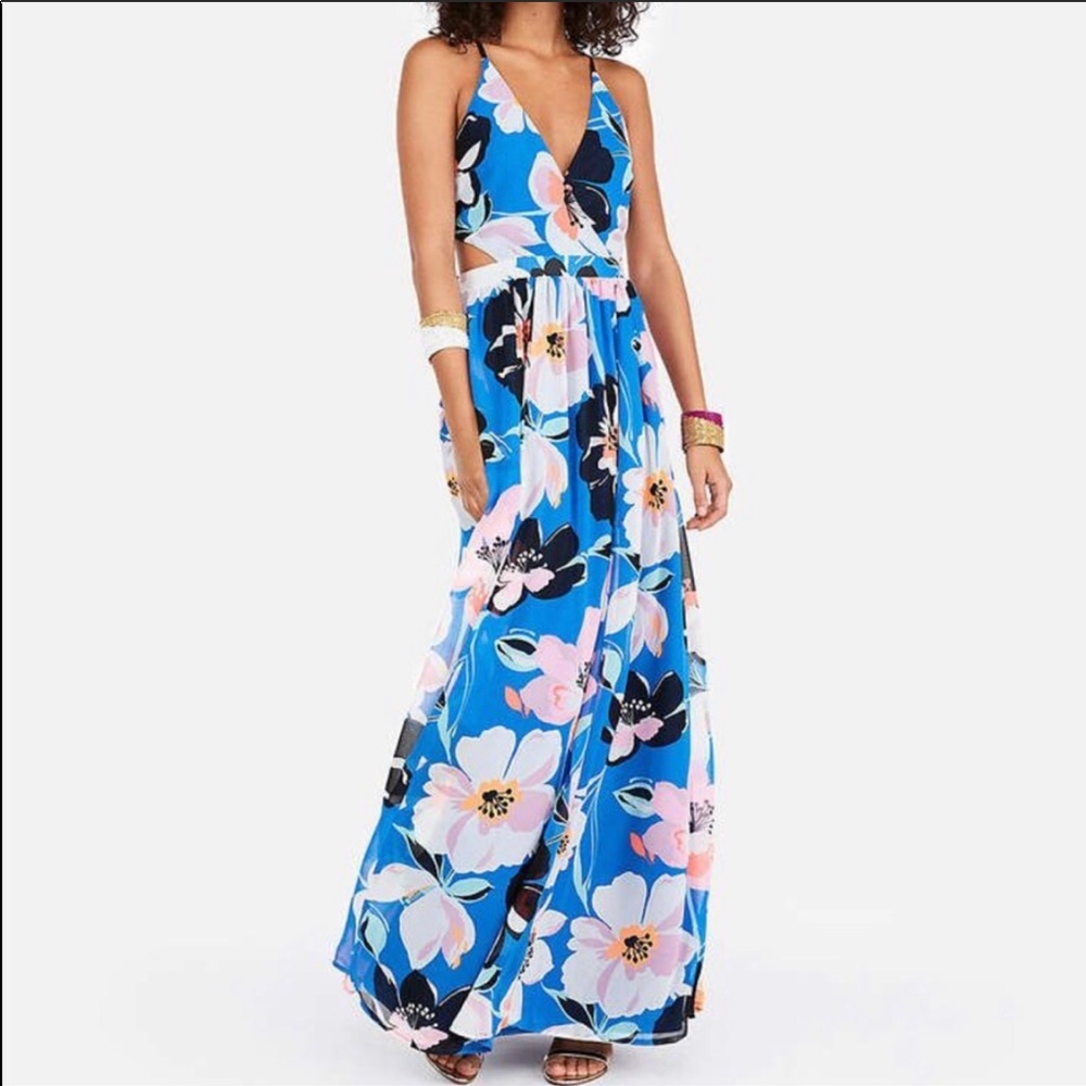 Express blue floral maxi dress criss cross back XS